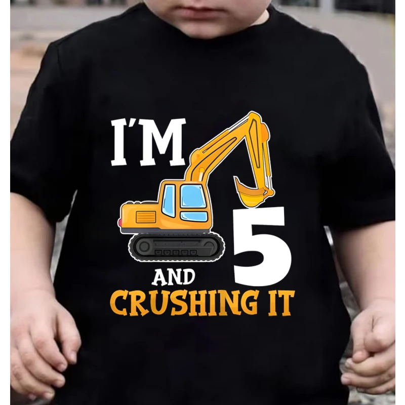 

Kids 5th Birthday Top Birthday Digger Boy Construction 5 Years Old T-Shirt I'm 5 and Crushing It Excavator Classic Kids T-Shirt