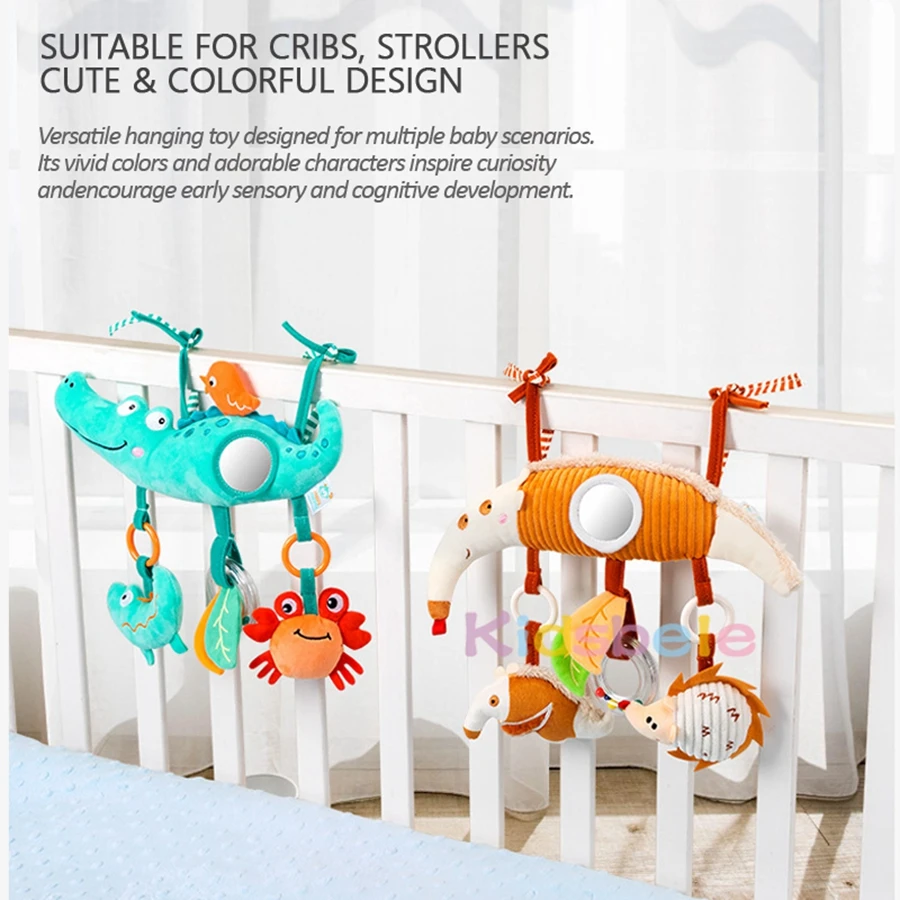 Jouet suspendu en peluche animal mignon pour berceau et poussette – Hochet doux, anneau de dentition et miroir, jouet sensoriel d'apprentissage précoce