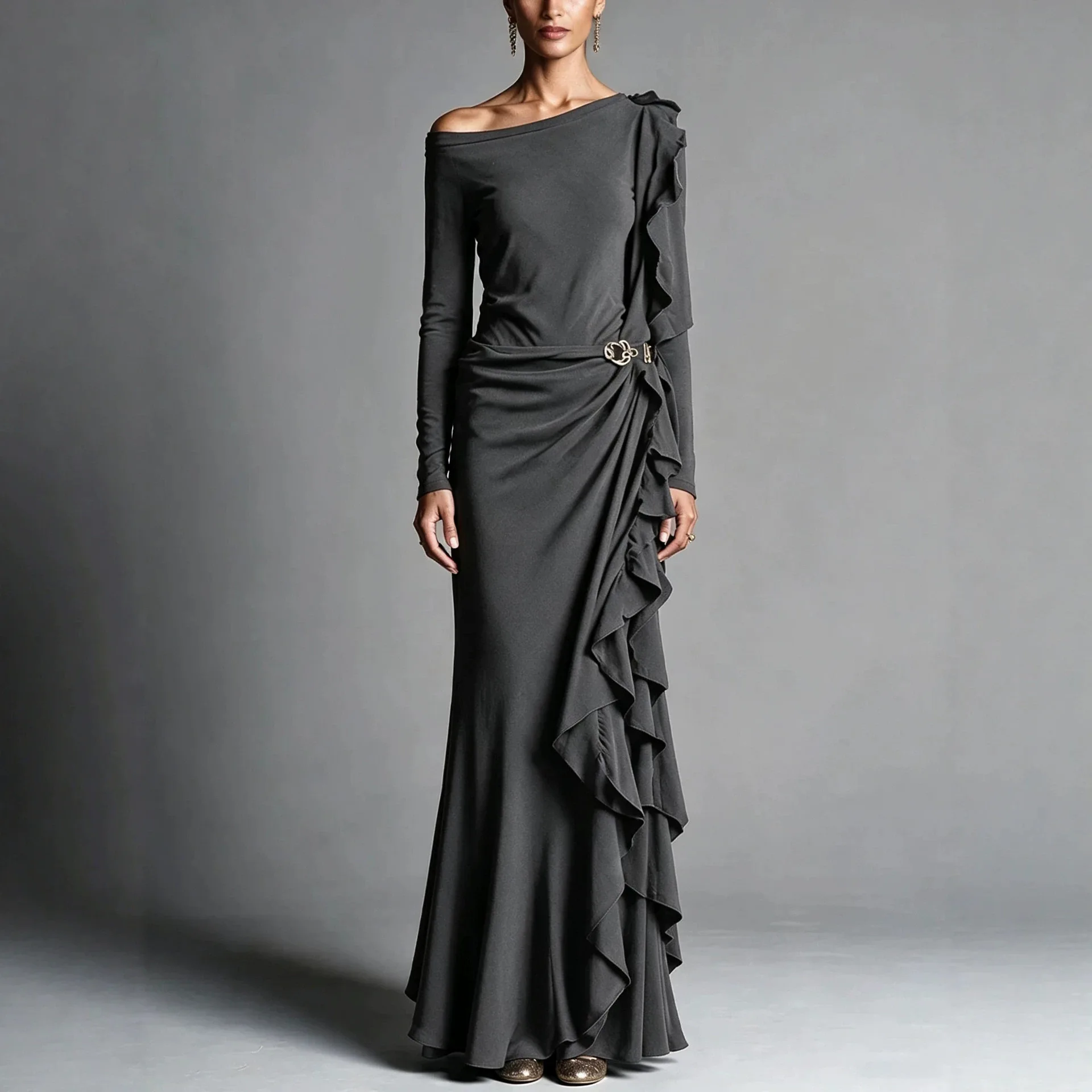 Spring Autumn Women Off Shoulder Long Sleeve Maxi Evening Dress Ruffle Side Mermaid Gown With Belt Elegant Party Dress New