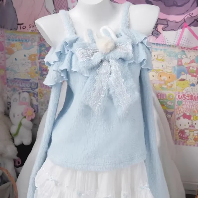 Japanische Kawaii Lolita Stil Gestrickte Pullover Frauen Niedlichen Kaninchen Ohren Bogen Off Schulter Pullover Weibliche Süße Blaue Strickwaren Tops