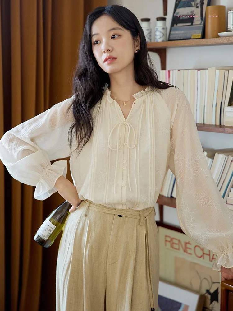 

Винтажная женская блузка Moriirose с длинным рукавом и V-образным вырезом, с принтом, осенняя модная, дышащая, удобная, свободного кроя, повседневная