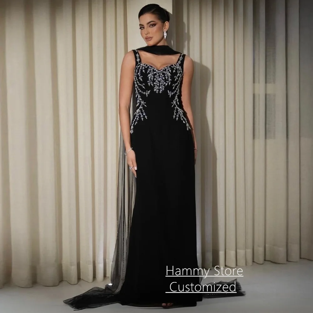 

Arabian Black Evening Dress with Tulle Shawl Customized Sweetheart Beading Pearls Corset Prom Gown Special Occasion Dresses