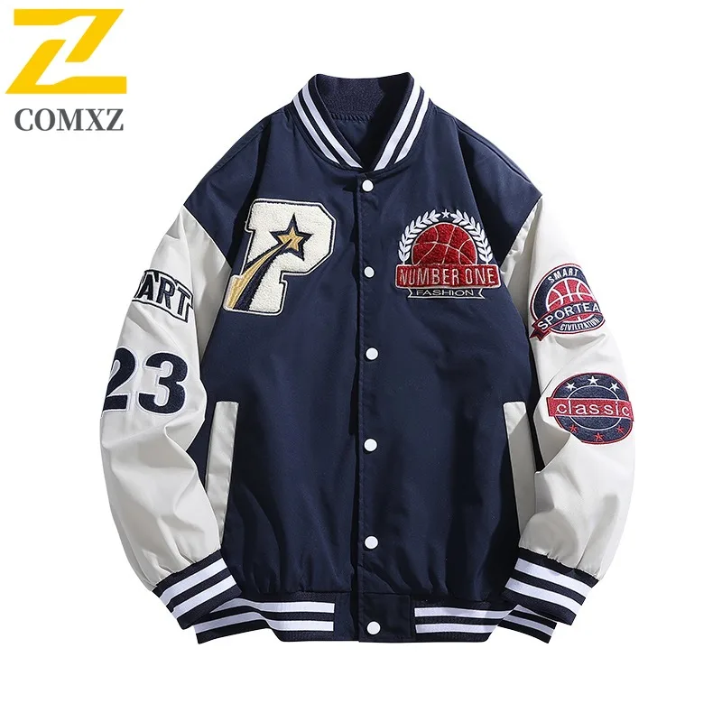 COMXZ 2025 Mens Trendy Baseball Jacket American Style Outdoor Hiking Coat Streetwear Style Breathable Comfortable Windbreaker