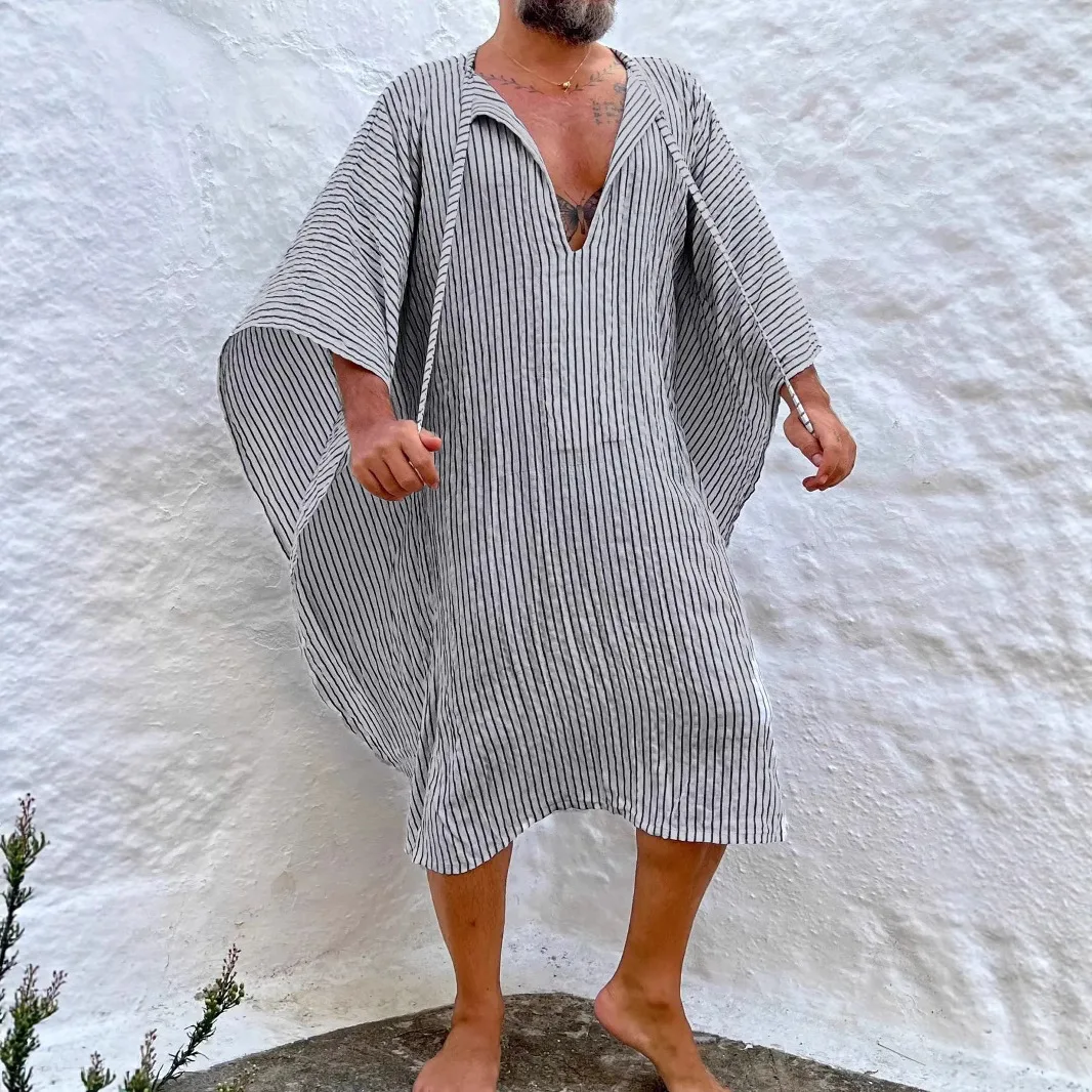 Breathable Men's Saudi Thobe Robe Africa Islamic Muslim Arabic Kaftan Abaya Dress Black Stripe New Qamis Moroccan Clothing