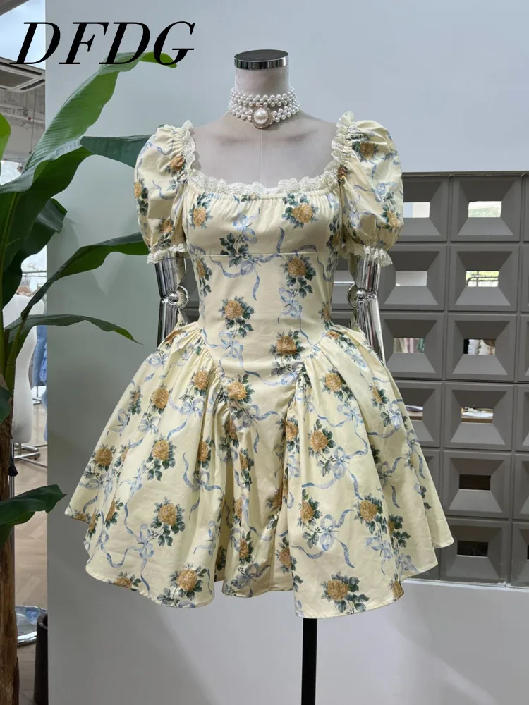

DFDG Women’s 2025 French Style Sweet Floral Print Lace Trim High Waist Puff Short Dress Spring Summer Party Unique Design