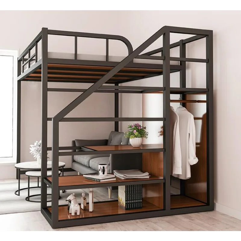 Iron work elevated bed empty single upper floor space saving attic bunk apartment high and low iron frame bed