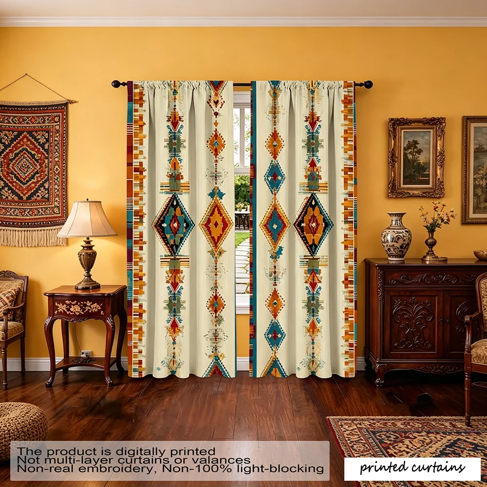 2-Piece Set -2D Flat Color Geometric Stripe Printed Curtains, Made of Lightweight Polyester Fabric with a Pole Bag Design, Easy
