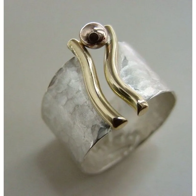 Vintage handgeschnitzter Damenring, Kreativität, zweifarbiges Metall, Geometrie, Alltagskleidung, Party-Schmuck, Jubiläumsgeschenk