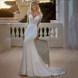 White Women Bridal Gowns Mermaid Three-Quarter Sleeves Wedding Dresses Formal Lace Applique Backless Beach Party Robe Customized