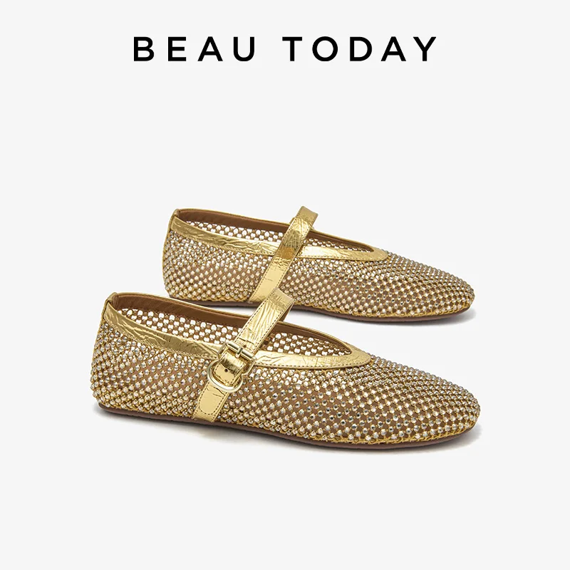 

Женские балетки BEAUTODAY Mary Janes из лакированной кожи с круглым носком, блестящей пряжкой с кристаллами и вырезами, ручной работы, 22223