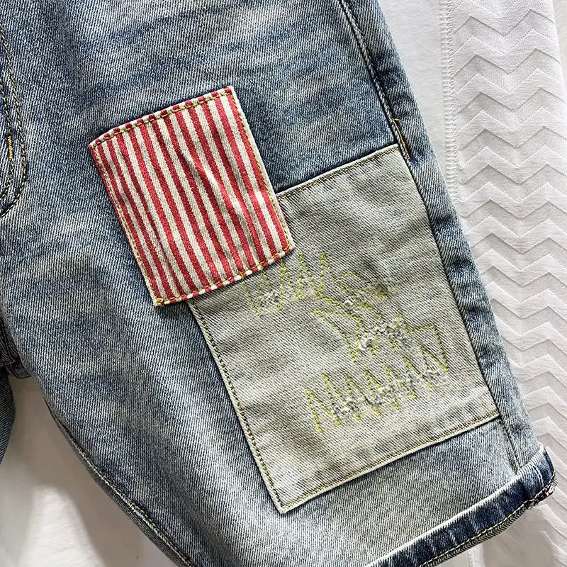 Summer Splicing Fashion Denim Shorts Patch Trendy Brand Handsome High-end Beggar Short Pants Medium Men Clothes Jeans Shorts