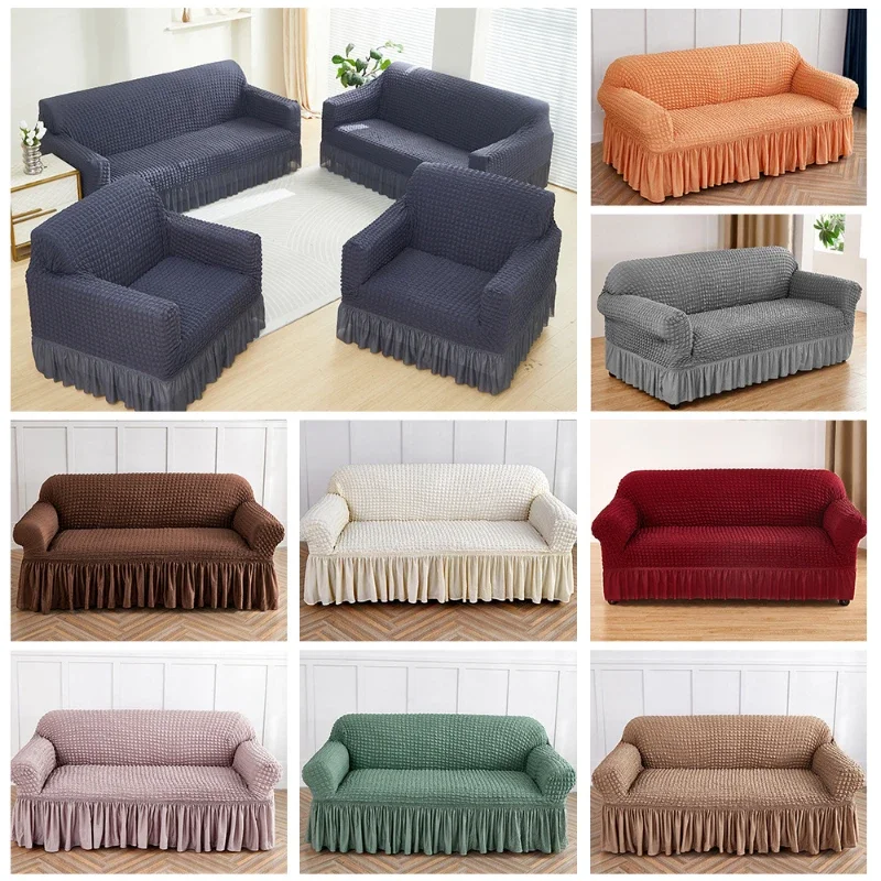 1/2/3/4 Seater Seersucker Sofa Slipcover with Skirt Universal Stretch Sofa Couch Slipcover Easy Fitted Chair Furniture Protector