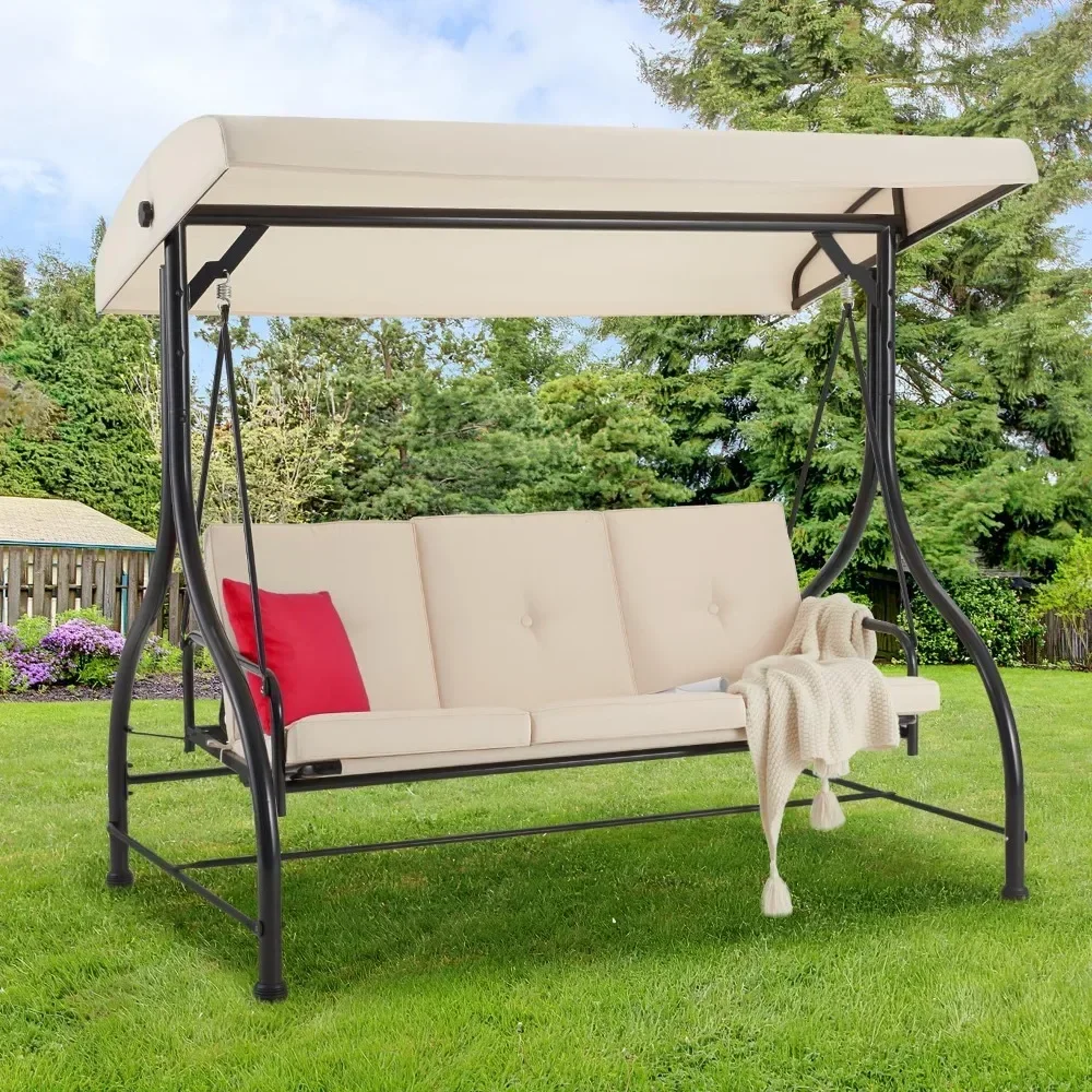 

Porch Swing Chair, 3 Seats Porch swing Adjustable Canopy Outdoor with Stand Patio Bed