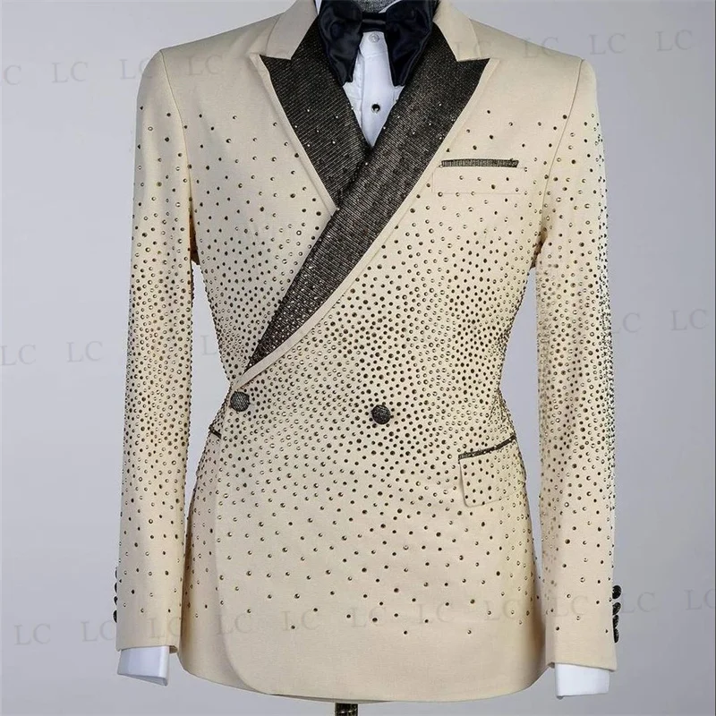 

Sparkly 2 Piece Blazer One Button Men Suits Tuxedo Beadings Crystals High Fashion Party Wear Prom Wedding Groom Plus Size Custom