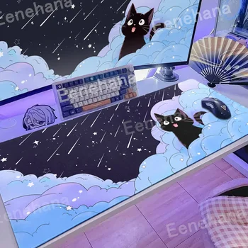 Gatto nero sulle nuvole Tastiera Tappetino per mouse Cartone animato Rosa Tappetino per scrivania per laptop PC Gamer Kawaii Tappetini per tavolo per ufficio per la casa per il regalo della ragazza