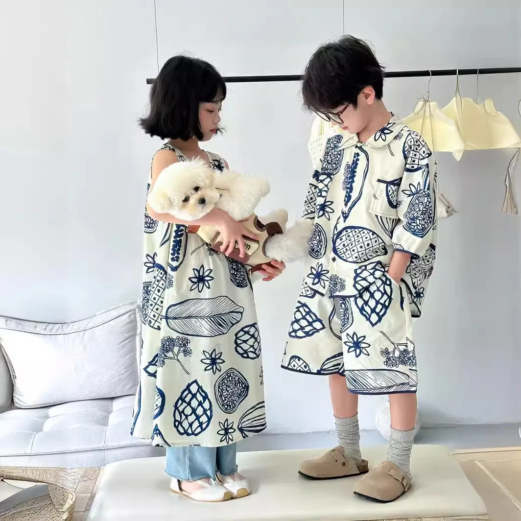 兄弟姉妹服-男の子用サマースーツ-女の子用ドレスまたはカジュアル半袖シャツ-ショートパンツ-ツーピーススーツ