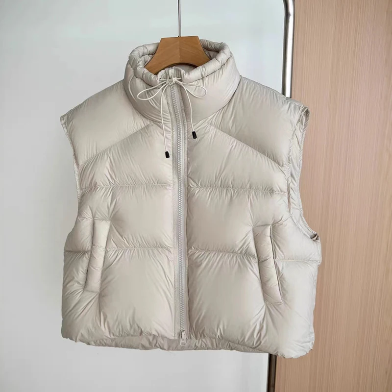 

Autumn Winter Stand Collar Solid Fluffy Down Vest Women White Duck Down Warm Vests Female Drawstring Zipper Waistcoat Outwears