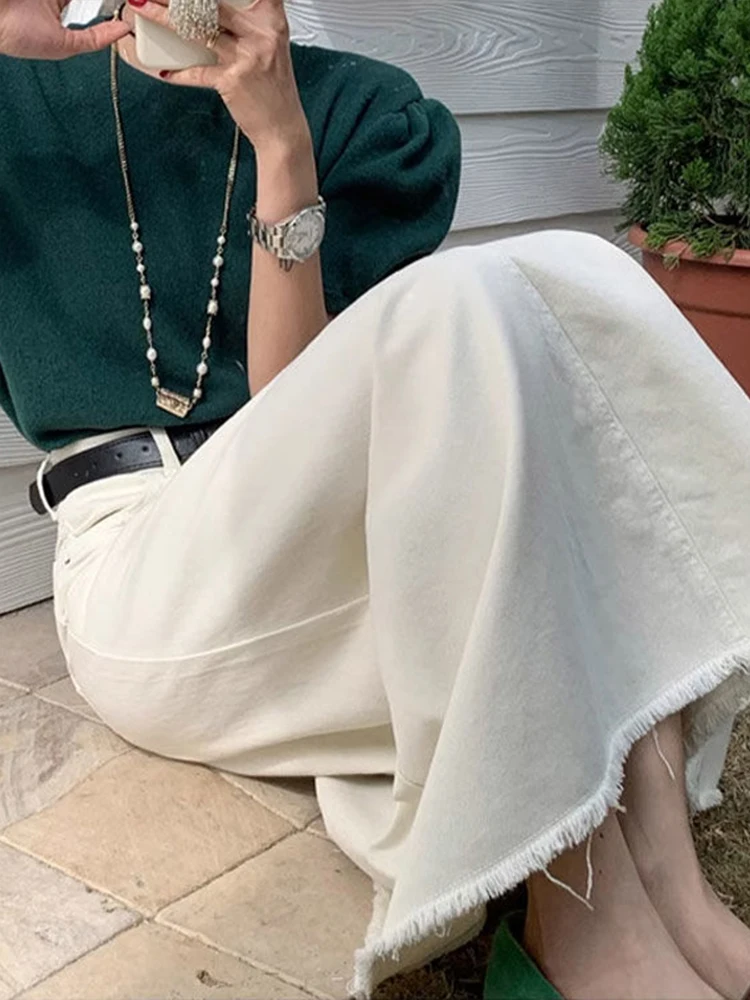 

Джинсовая юбка трапециевидной формы средней длины больших размеров с потертым краем и высокой талией, утягивающая повседневная хлопковая смесь, весенняя мода для женщин