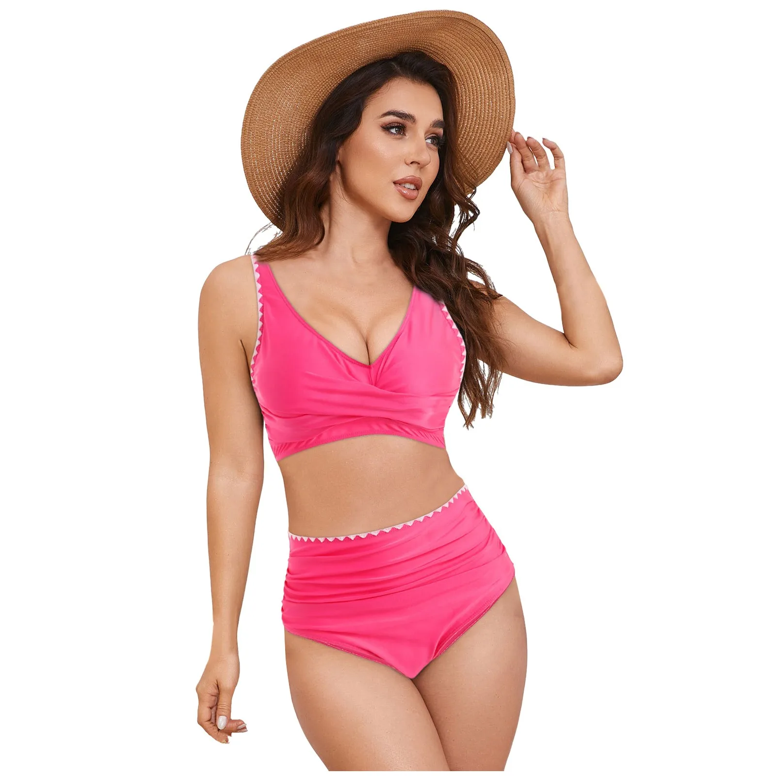 

Women Two Piece Swimsuit High Waisted Bikini Sets 2025 New Solid Color Bather Bathing Suit Cross Board Women's Beach Swimwear