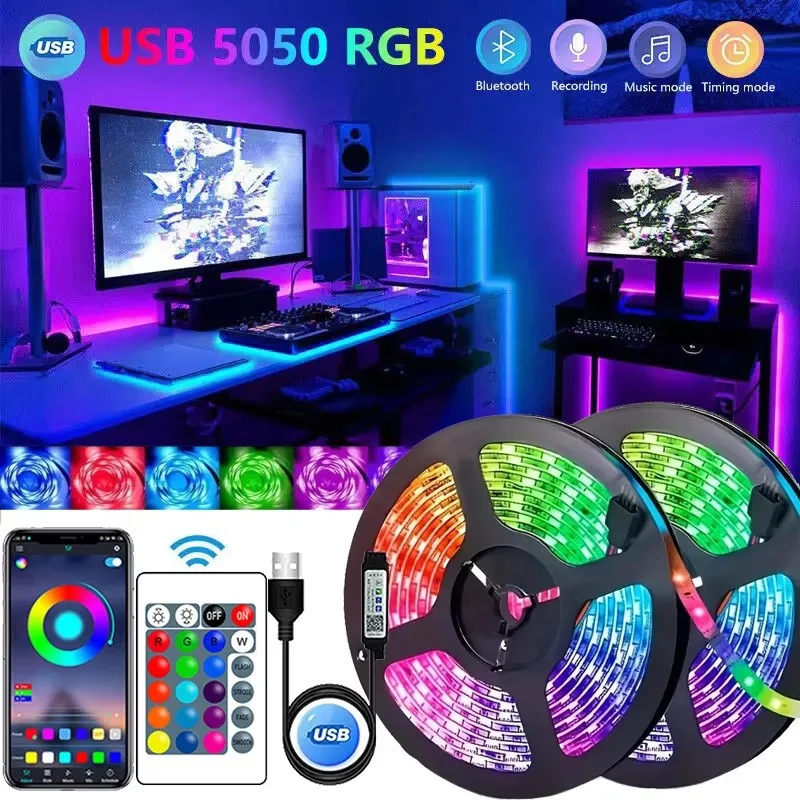 

RGB 5050 LED Strip Lights APP Control Music Sync Color Changing Flexible Ribbon Diode Lamp Tape TV Backlights Room Decoration