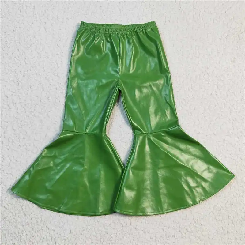 Wholesale Kid Clothing 2023 New Arrival Green Solid Color Winter Baby Girl Water Proof Leather Bell Bottoms Pant 	 P0051