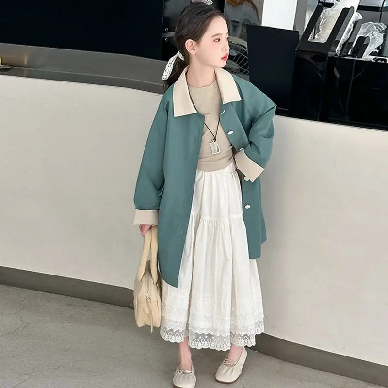 

Girl's Mid Length Spring Autumn Trench Coat Korean Style Stylish British Coat for Toddler To Kid Long Top with Warmth Elegance