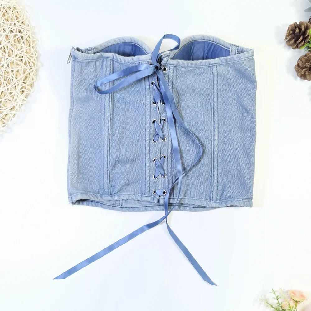 Cross-Border Belted Backless Slim Fit Denim Vest Style Outerwear Bra Top Club Party Tube Top Ultra-Thin Summer 2024