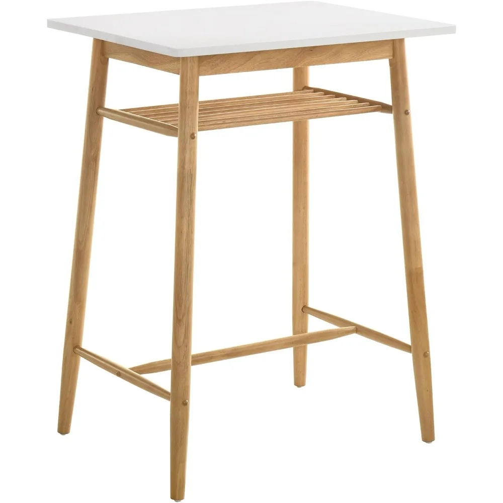 

42 inch Modern Bar Table, White Height Counter Table with Storage Shelf, Rectangular Pub Table with Natural Wooden Legs for Dini