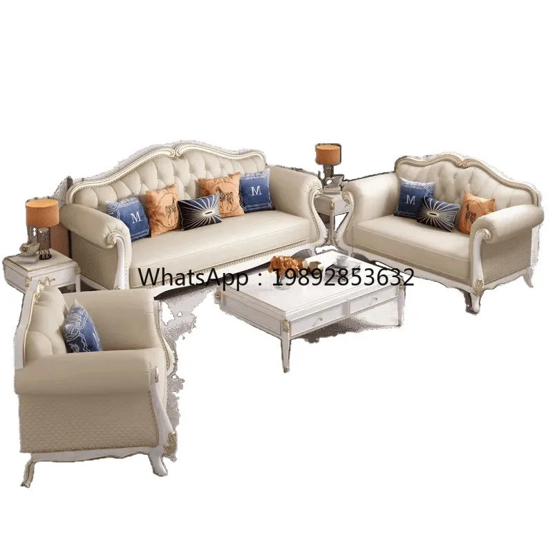 LYY American Style Genuine Leather Sofa Set Light Luxury European Style Living Room Solid Wood Furniture Simple Villa Luxurious