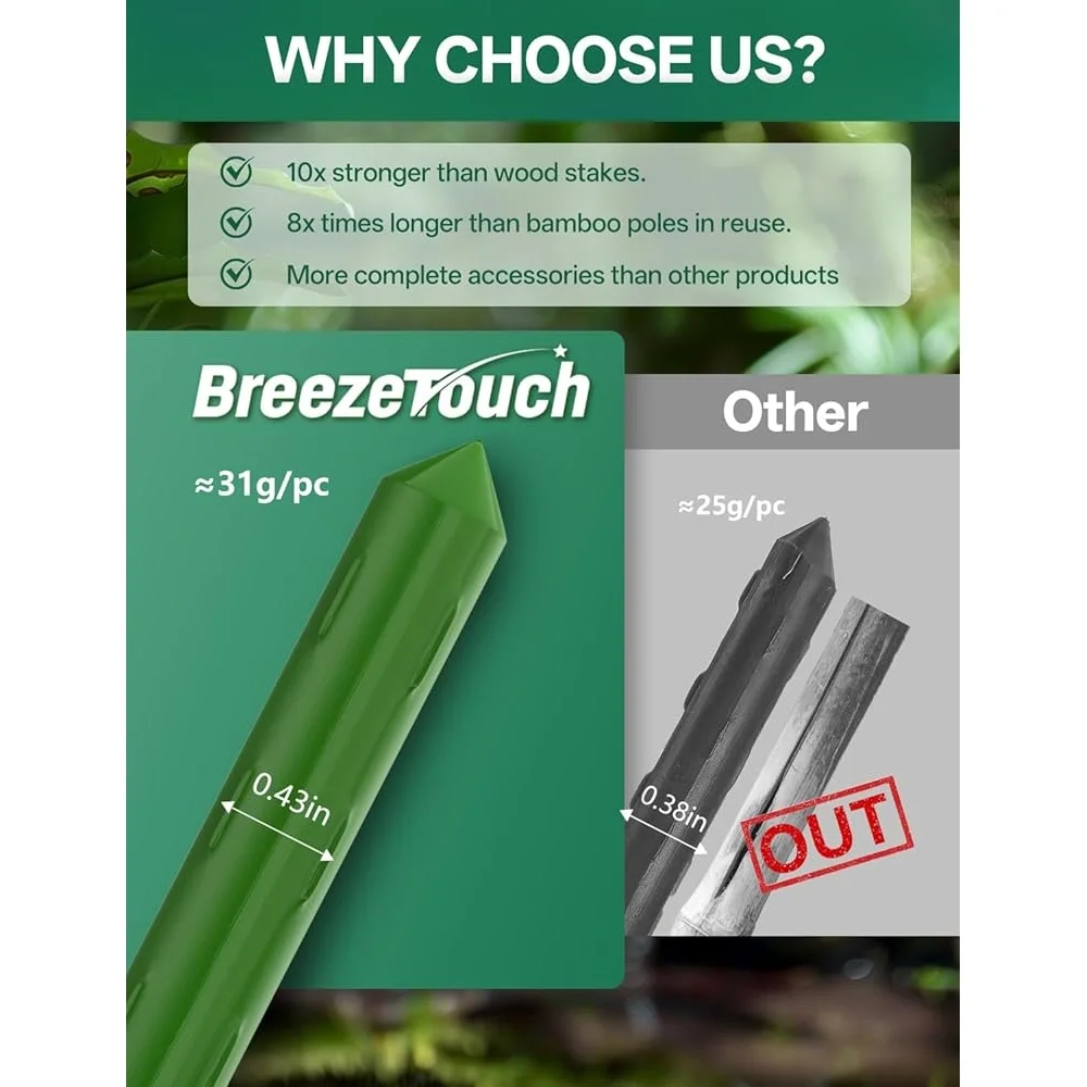 30 Pack 17 Inch Garden Stakes Plant Support with Clips and Connectors Tomato Trellis Modular Design Weather Resistant Grooved