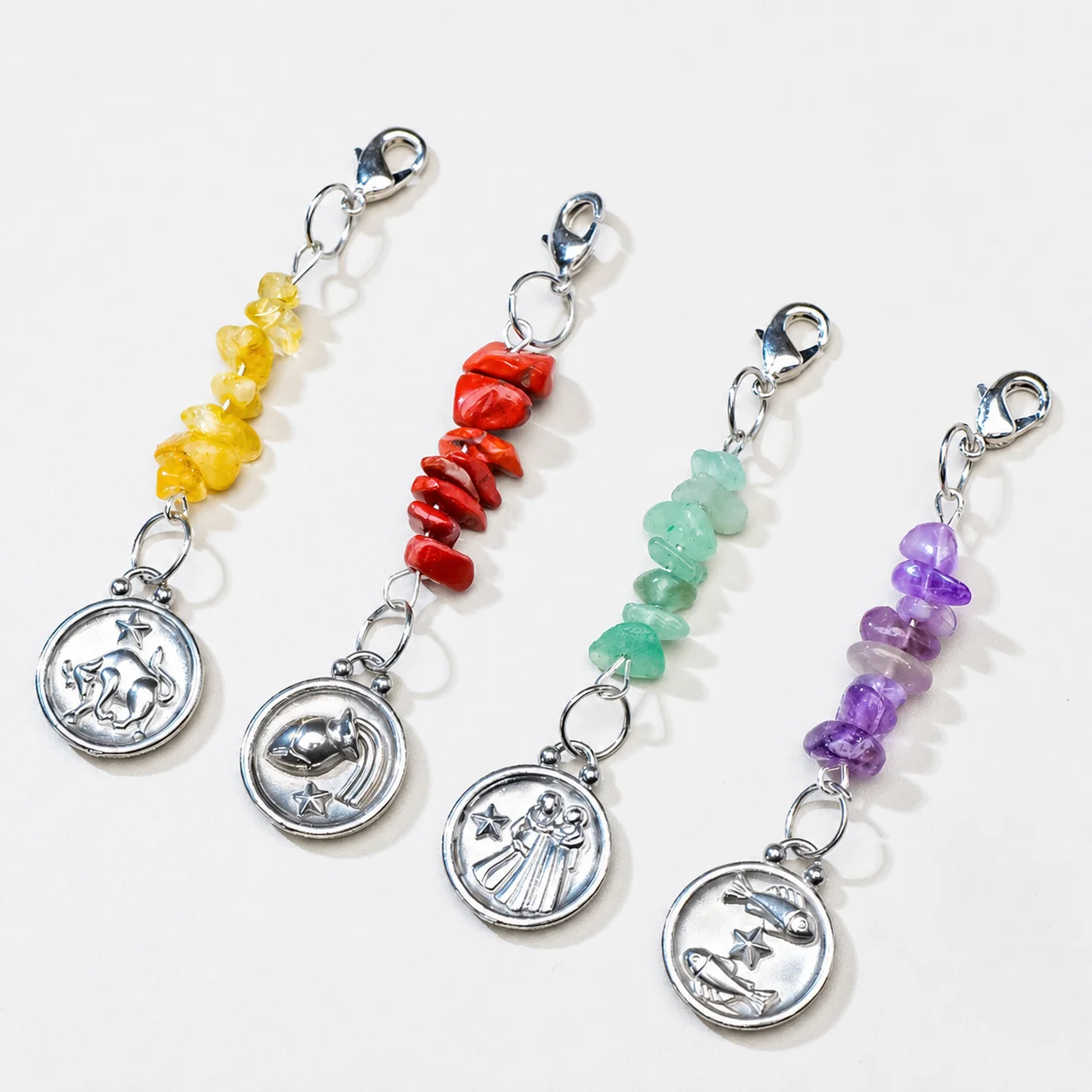 12 Zodiac Signs Natural Crystal Chip Keychain, Handmade Astrology Charm for Keys Bags Phones Personalized Jewelry Accessory