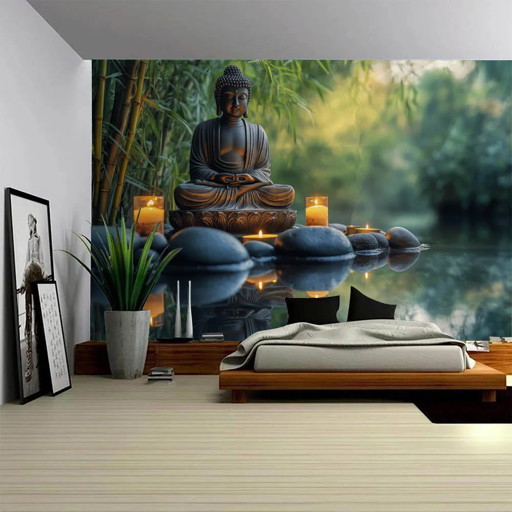 Buddha Statue Meditation Garden Tapestry Bamboo Forest Lotus Pond Zen Decor Two-Dimensional Plan Living Room Wall Art Painting