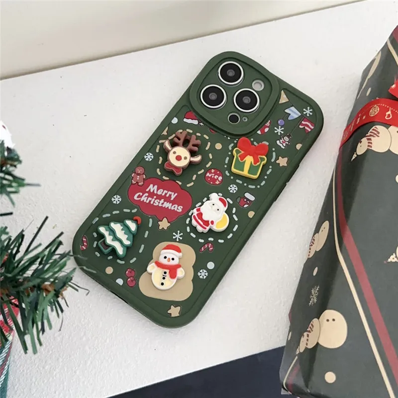 Ottwn 3D Cartoon Elk Santa Claus Tree Christmas Phone Case For iPhone 13 11 12 Pro Max 13 14 Plus X XR XS 7 8 Plus SE 2020 Cover