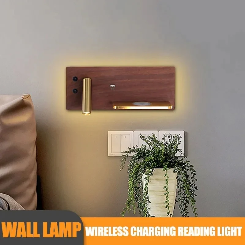 Multifunction Wall Lamp With Led Phone Wireless Charger Shelf Night Lighting Table Bed Reading Bedroom Hotel Bedside USB Sconces
