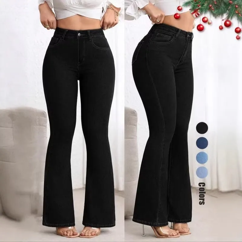 Women's High Waist Slim Fit Flare Leg Long Cotton Stretch Denim Jeans with Pocket Wrinkle Free Women Solid Color Mid Rise
