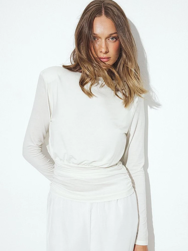 Oniflyme Backless Ruched Slim Tee Tops Women Sexy Round Neck Long Sleeve Casual T-shirts Female Autumn Outfits Elegant Party Top