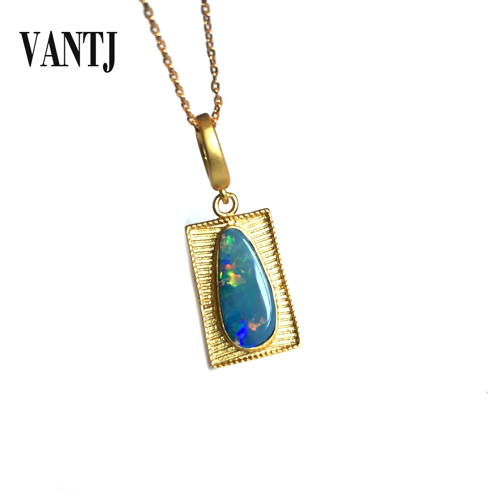 

VANTJ Real Natural Australia Opal Pendants Sterling 10K Yellow Gold Gemstone for Women Party Birthday Trendy Jewelry Gift