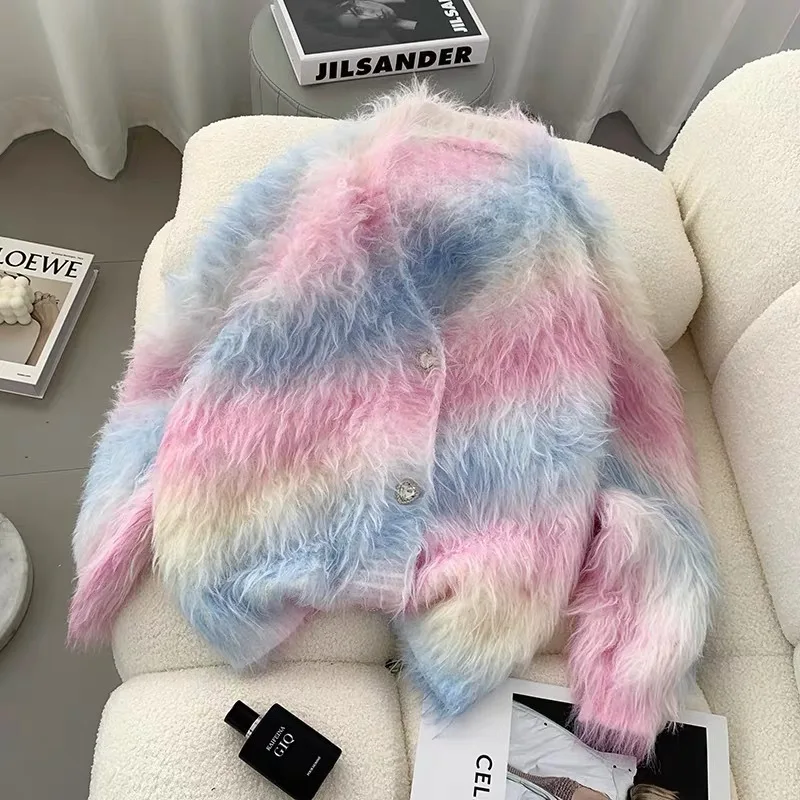 Rainbow Gradient Color Striped Mink Cashmere Sweater Coat Mohair Knitted Cardigan Diamonds Buttons Autumn Winter Knitwear Tops