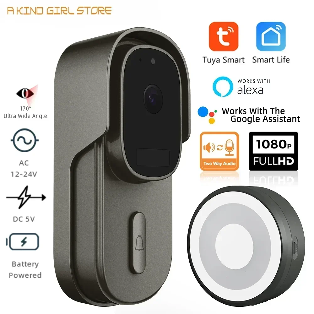 Tuya Video Doorbell WiFi Wireless Wired Door Bell DC AC Battery Powered 1080P 2MP Waterproof with Alexa Google Door bell Camera