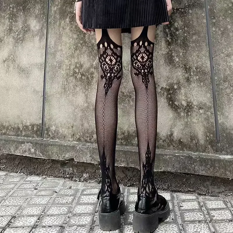Medias de red góticas oscuras para mujer, medias largas sexys de diseño clásico Harajuku Emo, medias de malla, lencería, ligas altas hasta el muslo