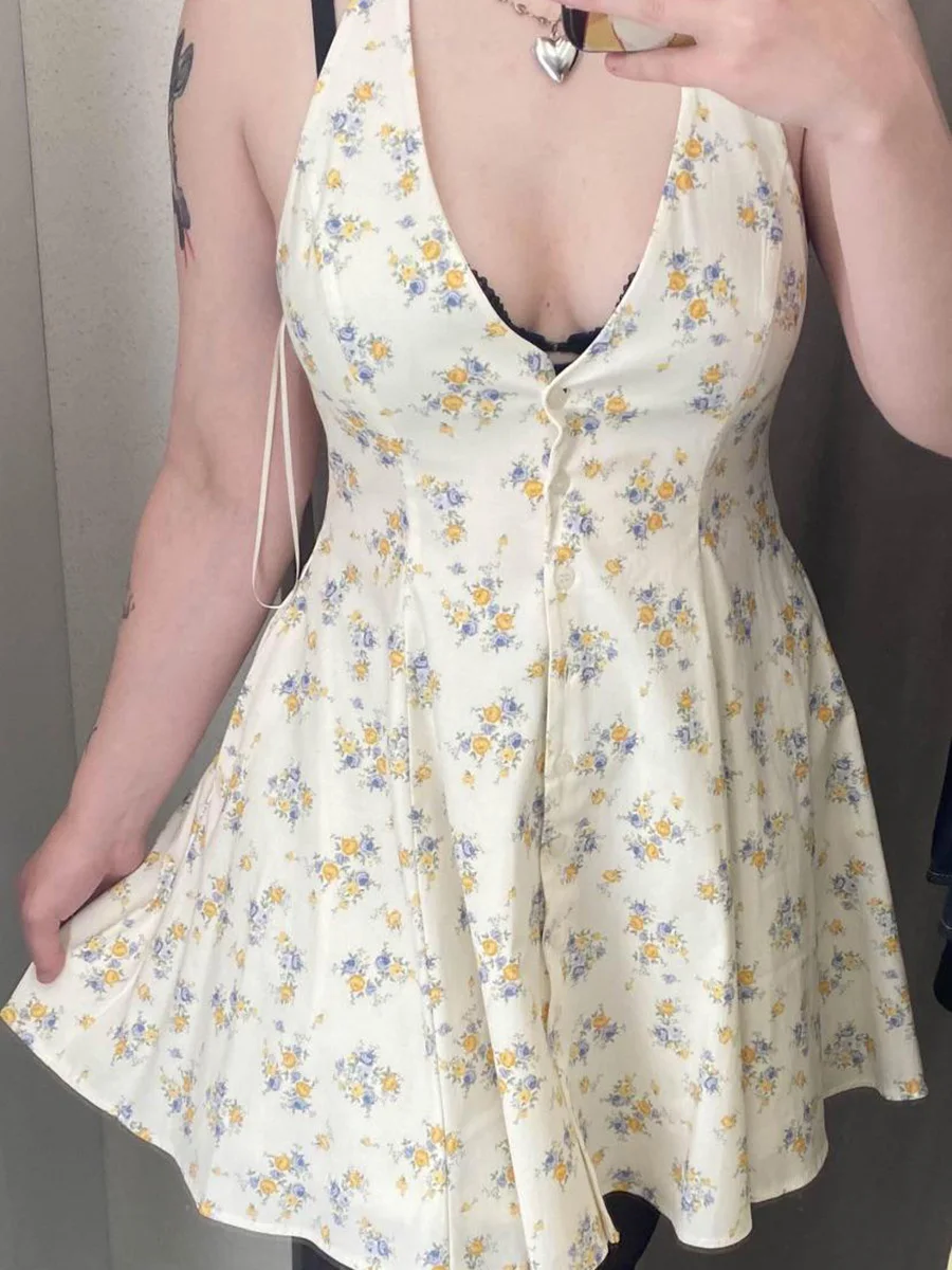 

Floral Print Halter Mini Dresses For Women Summer New V Neck Sleeveless Backless A-line Vestido Sexy Elegant Fashion Short Dress