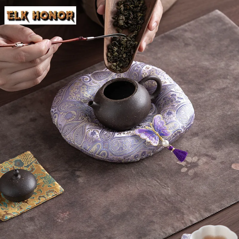 New Chinese Style Brocade Butterfly Dance Pot Bearing Holder Teaware Tray Dry Brew Table Tea Tray Coasters Tableware Ornaments