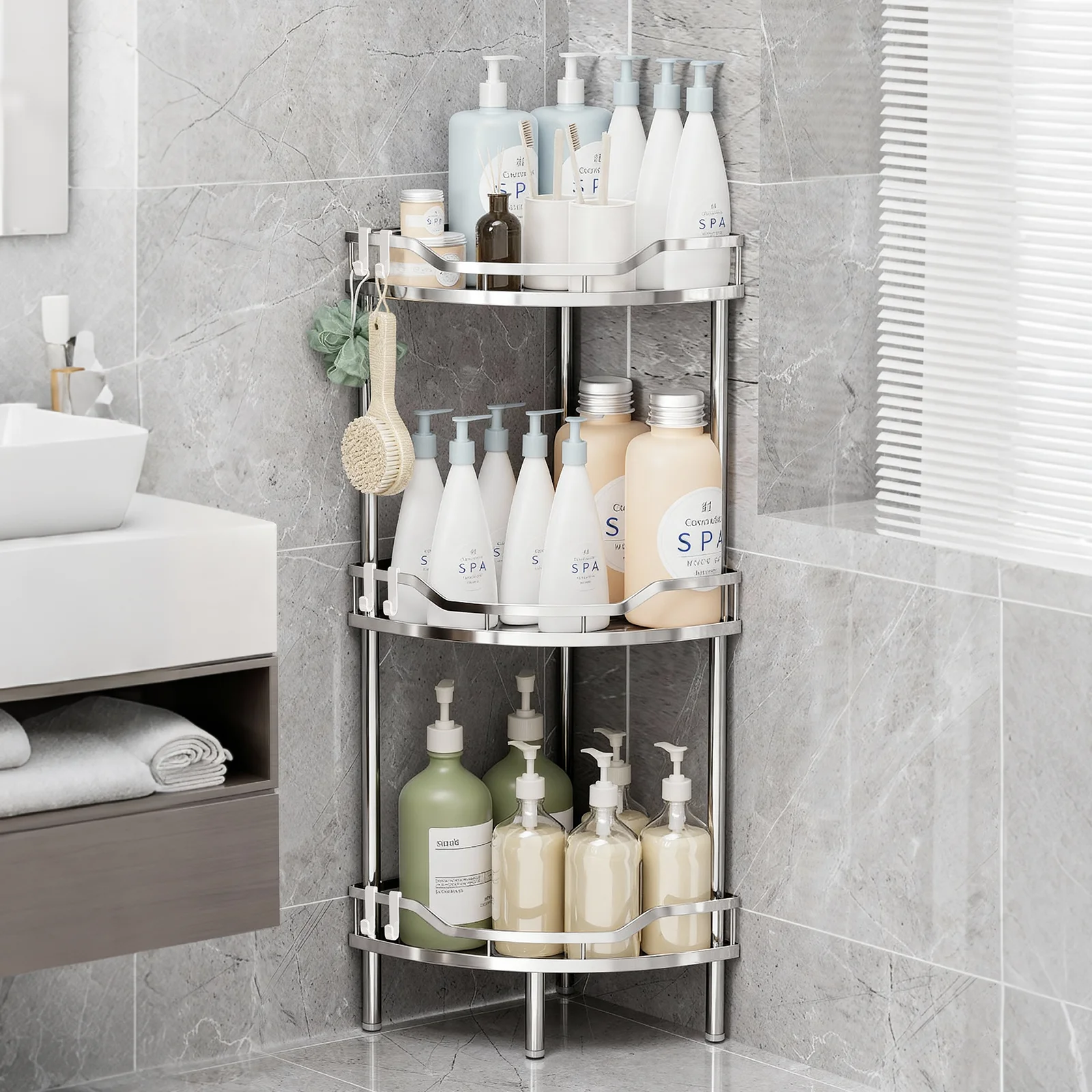 1Pc Stainless Steel Bathroom Corner Shelf Floor-Standing Double/Triple/Four-Layer Storage Rack with Hooks for Bathroom, Shower Room, Kitchen Corner Space-Saving Organizer for Toiletries Stainless Steel Corner Shower Caddy