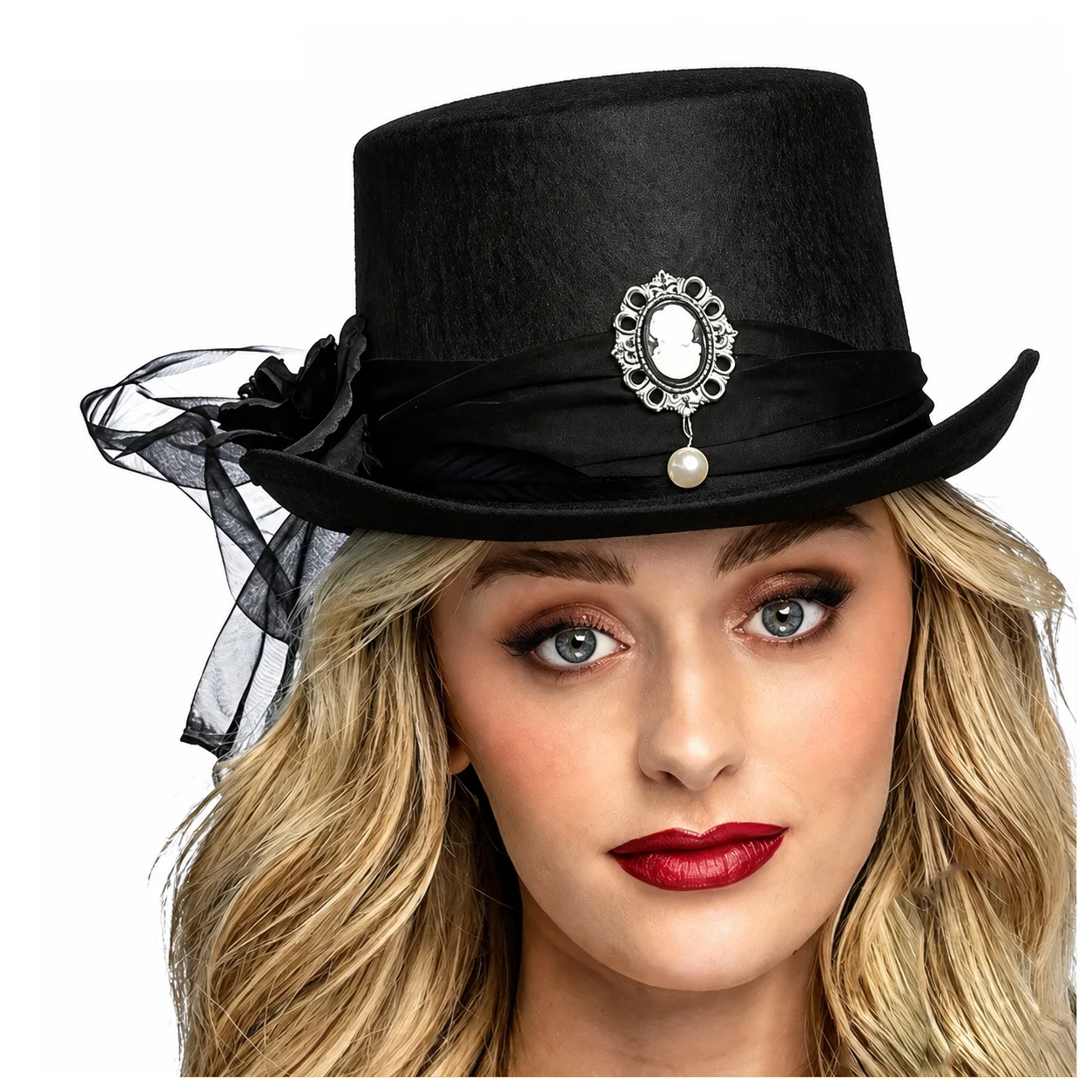 Black Lace Decorated Hat Structured Gothic Top Hat Flocked Top Hat Retro For Stage Performance Daily Gothic Outfits Theme