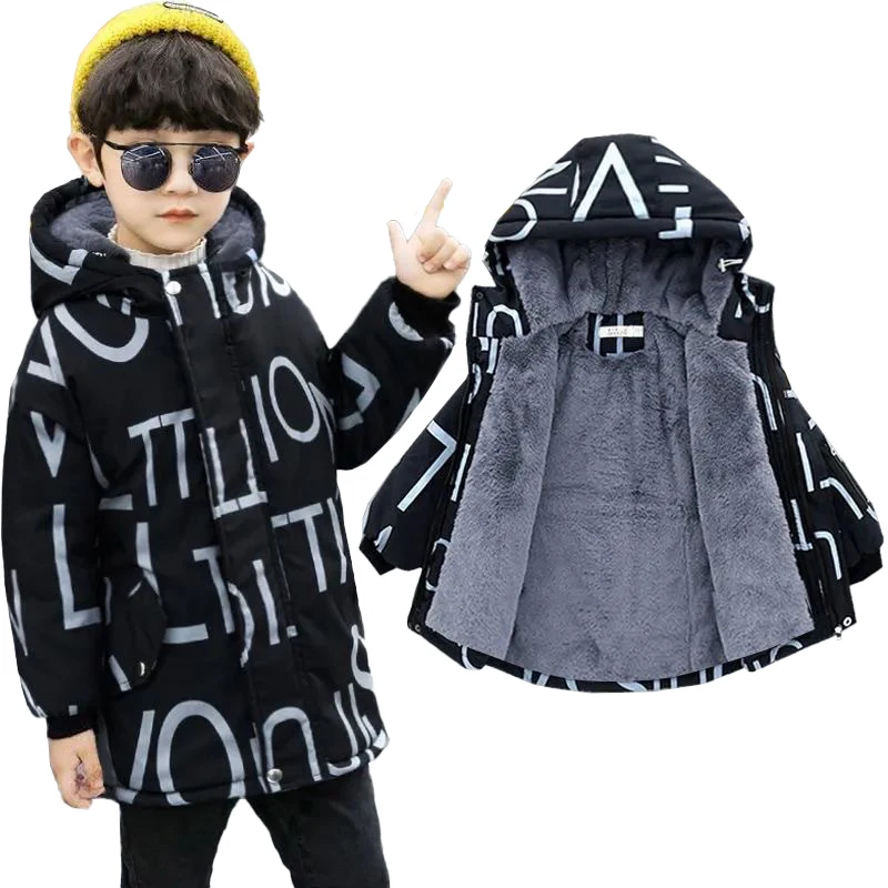 Winter Thick Warm Boys Jackets Coats Fashion Letter Print Cotton Down Jacket Hooded Windbreaker Outerwear for Children Clothes