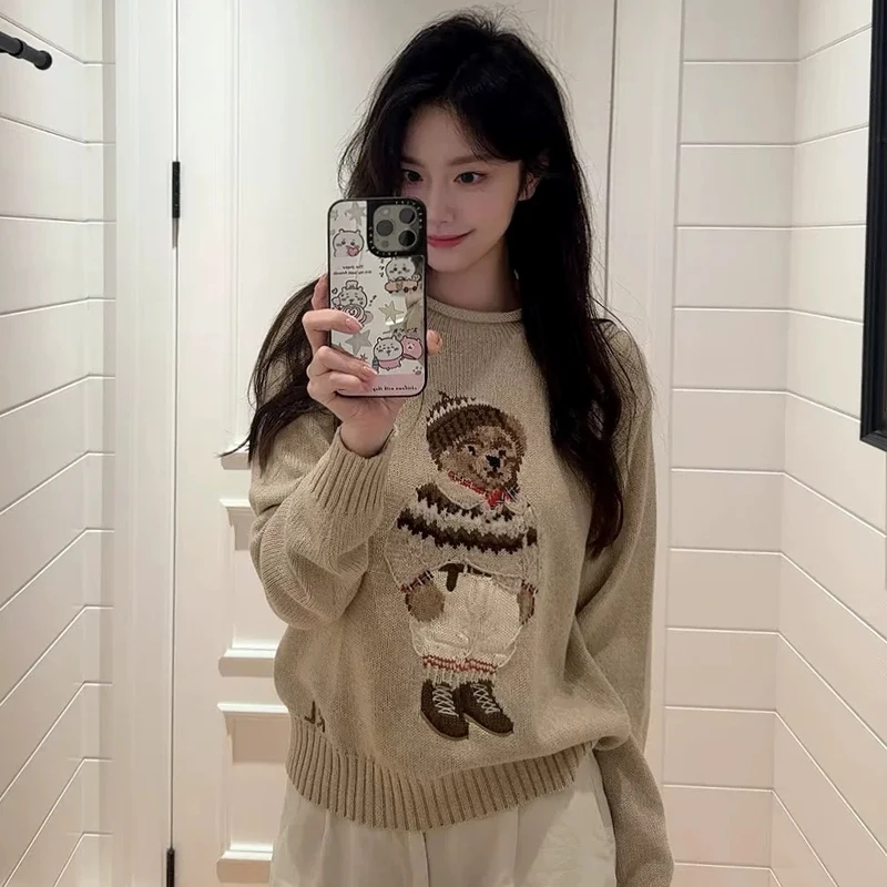 

Вязаный свитер Briti Sle из чистого хлопка Long Sve с мультяшным дизайном, свободный крой V-Ne ly Reduction Подходит для...