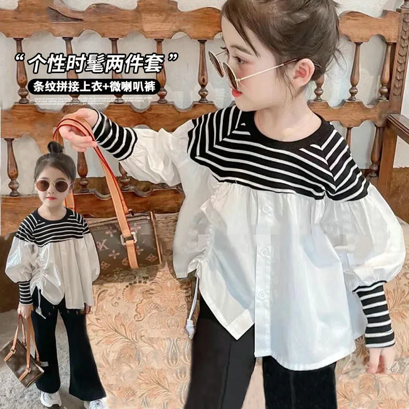 

2021 Autumn New Children's Wear Korean Stripe Spliced Top And Flare Pants Two Piece Set For Girls