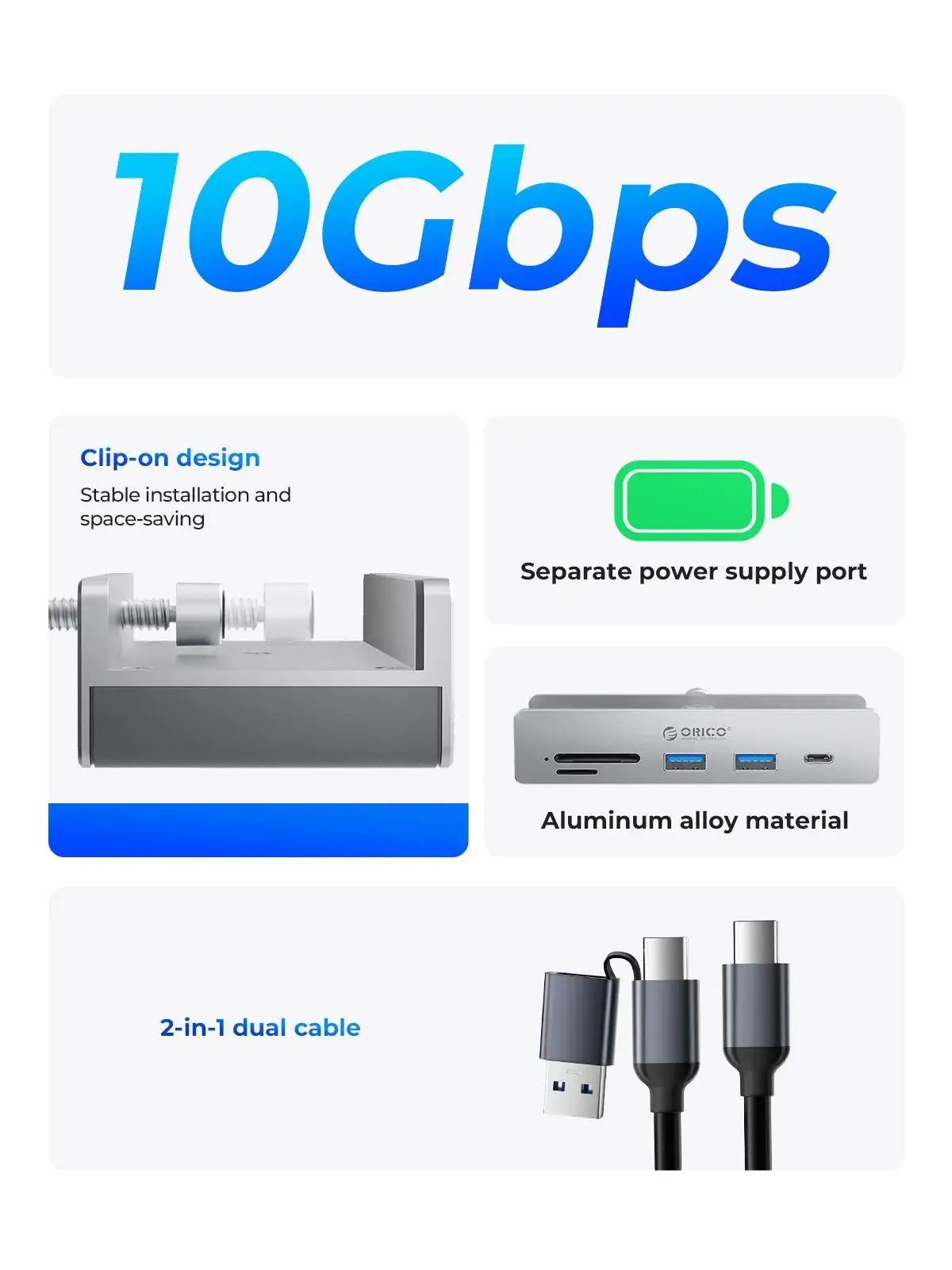 ORICO-USB 3.2 Hub 6-Port Expansion with Power Connector 10Gbps Protocol High-Speed Transmission SD, TF Card Fast Reading