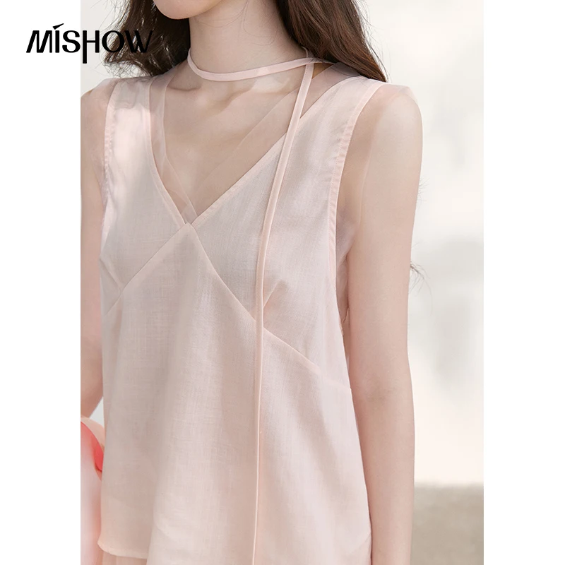 MISHOW Women's Pink Ramie 2 Piece Outfit 2026 Summer Sleeveless V Neck Cropped Tank Top Mesh Layer Midi Skirt Set MXF20T1719