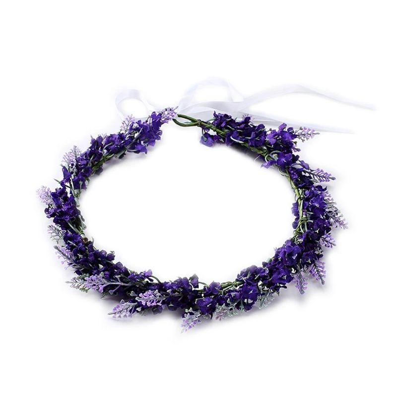 Simulated Flower Headband Boho Wedding Bride Lavender Floral Hair Band Garland Crown with Ribbon Headdress Decor